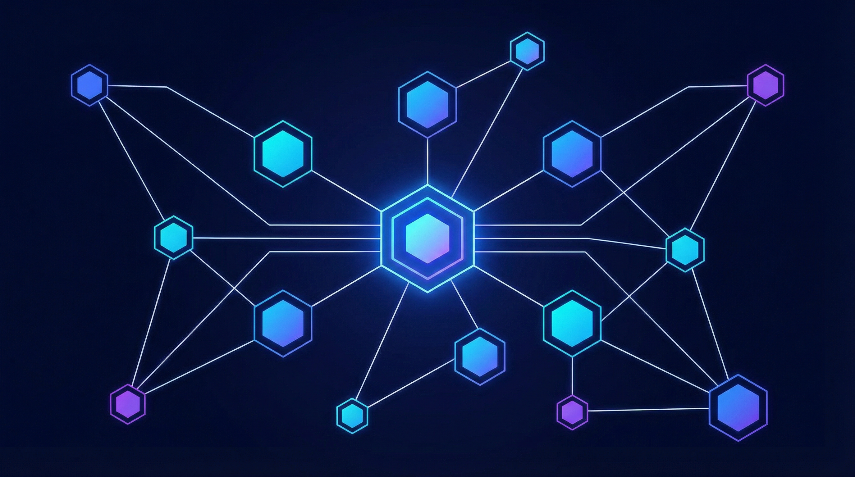 Diagrama abstrato de serviços interconectados como hexágonos luminosos