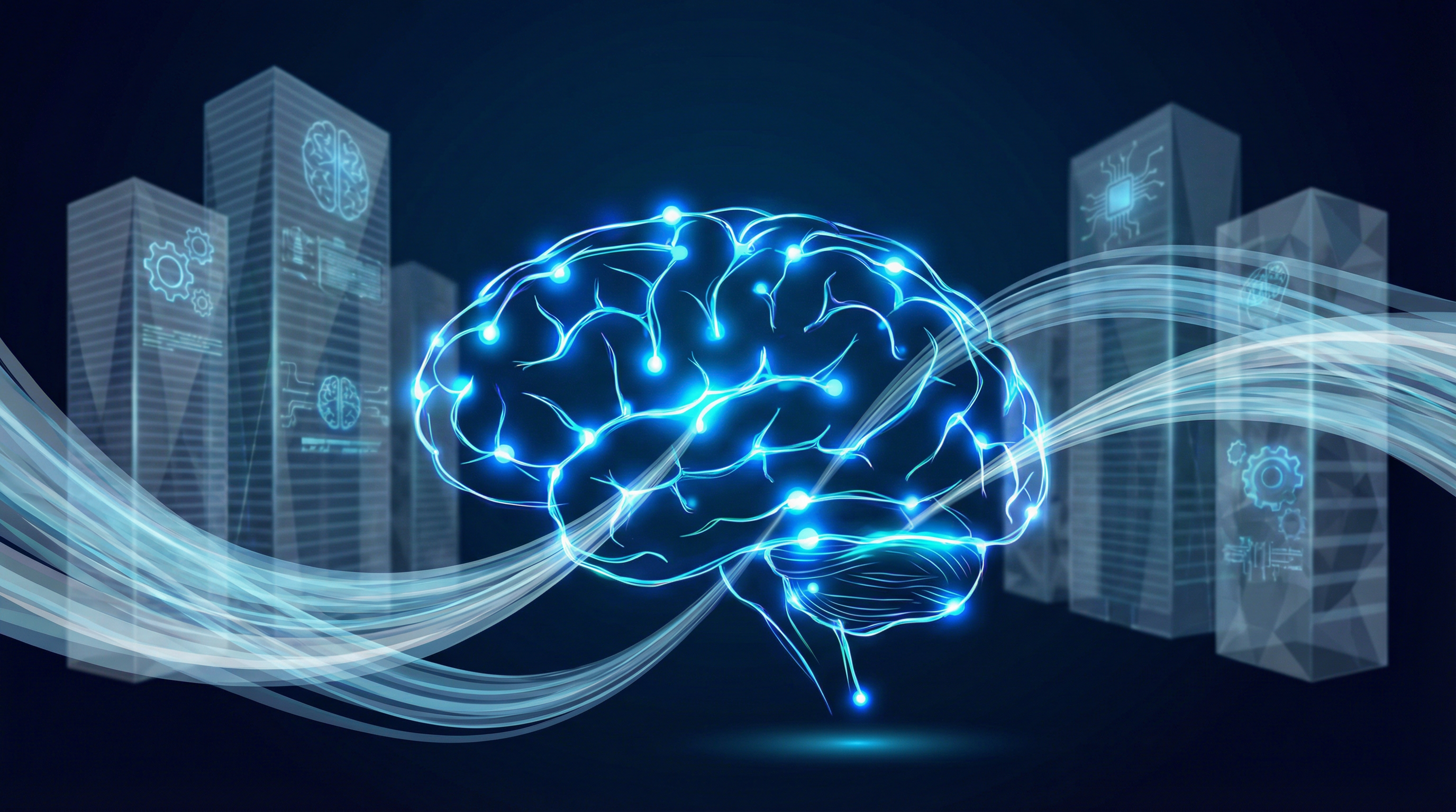 Rede neural abstrata com nós luminosos representando IA generativa nas empresas