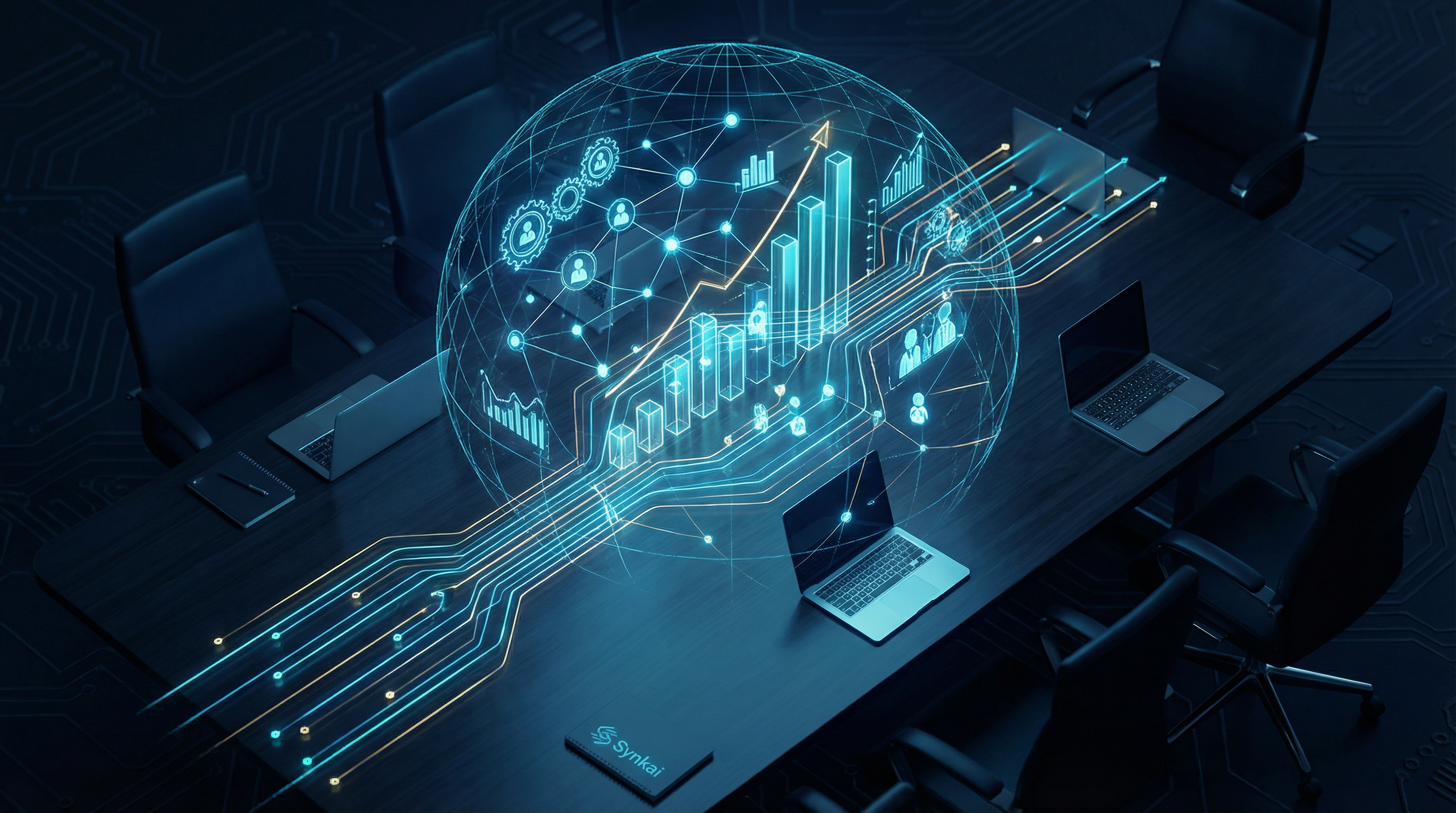 Equipe em reunião estratégica com dashboards e elementos digitais ao fundo
